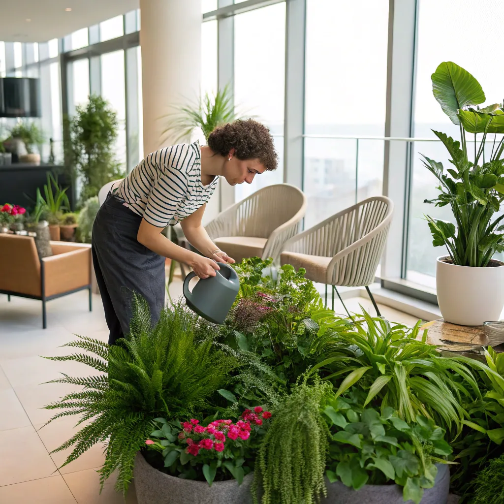 Person tending to a variety of indoor plants