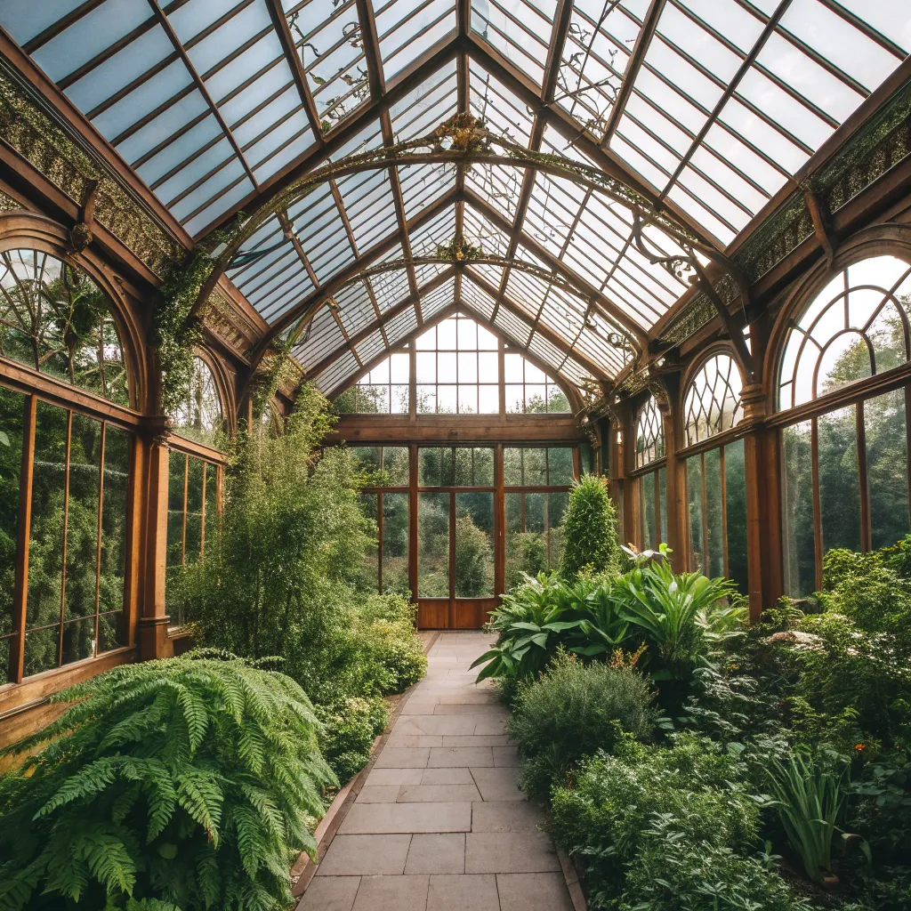 Historical greenhouse with lush greenery